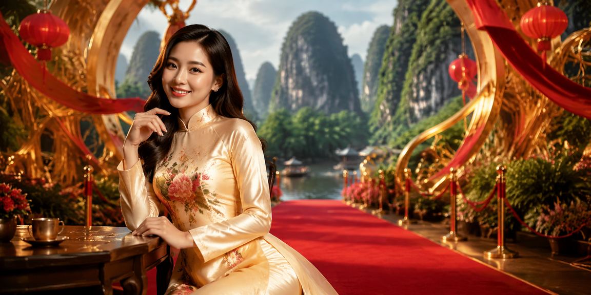 Cảnh sắc Ninh Bình với phụ nữ mặc áo dài kiểm tra voucher casino và kết quả cược trực tuyến